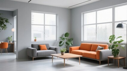 Fototapeta premium Modern Living Room with Gray and Orange Sofas and Large Windows