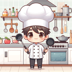 Chibi Anime Style Male Chef in Kitchen Holding Frying Pans – Cute Kawaii Vector Character Illustration