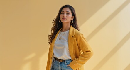 latin girl in travel concept on yellow plain bright background fashion outfit commercial photoshoot pose with copy space