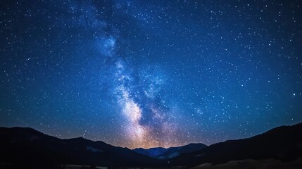 A stunning nighttime view showing the bright milky way above mountains