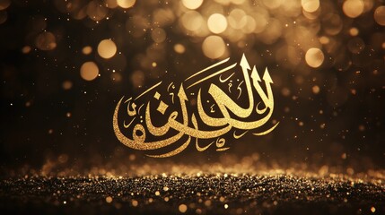 Golden islamic calligraphy inscription on a dark background.