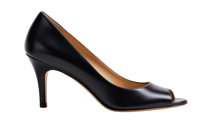 Elegant black peep-toe high heel shoe with a sleek, classic design and moderate stiletto.