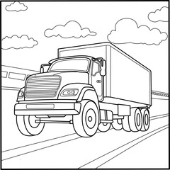 Cartoon cargo truck on highway, fun coloring page for kids to learn about transportation and big vehicles