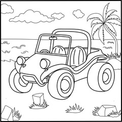 Cartoon dune buggy on tropical beach, fun coloring page for kids featuring an off-road car with palm tree and ocean background