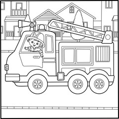 Cartoon fire truck with a happy firefighter. Community helper vehicle outline for kids' coloring pages, educational printables, and city themes