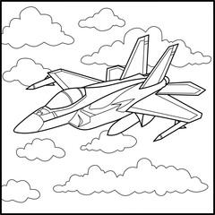 Cartoon fighter jet flying among clouds for coloring. Military aircraft outline for kids' printables, aviation themes, and activity sheets.