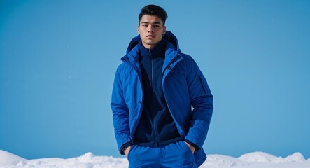 latin guy in winter concept on blue plain bright background fashion outfit commercial photoshoot pose with copy space