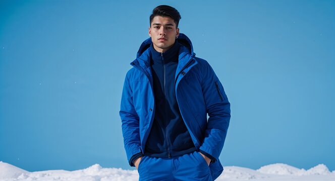 latin guy in winter concept on blue plain bright background fashion outfit commercial photoshoot pose with copy space