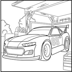 Sleek race car with number 88 in a garage setting, perfect as an exciting coloring page for car enthusiasts, racing themes, and dynamic coloring book designs