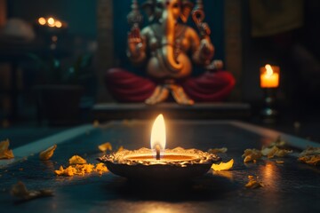 Lit candle in front of hindu deity idol with offering decorations and soft lighting