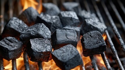 Charcoal briquettes burning on a grill