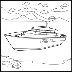 Luxury yacht coloring page on the water with mountains and sea creatures, perfect for kids' printables, vacation themes, and marine illustrations