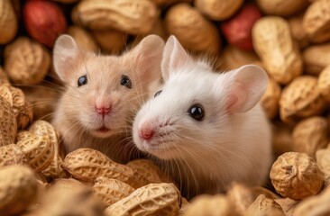 Mice in peanuts close up portrait