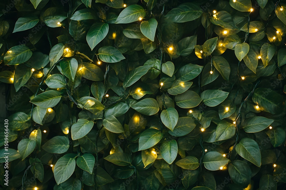 Poster lush green leaves adorned with delicate string lights create a tranquil and inviting natural backdro
