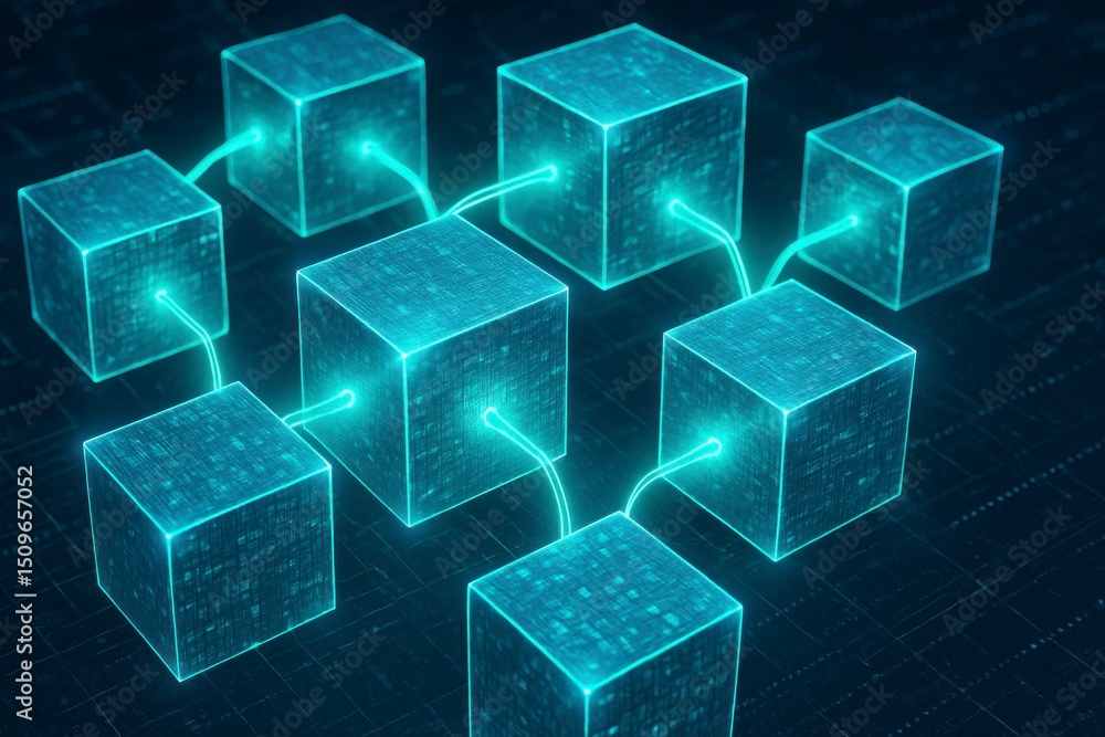 Poster glowing blue cubes connected by lines on a dark patterned background