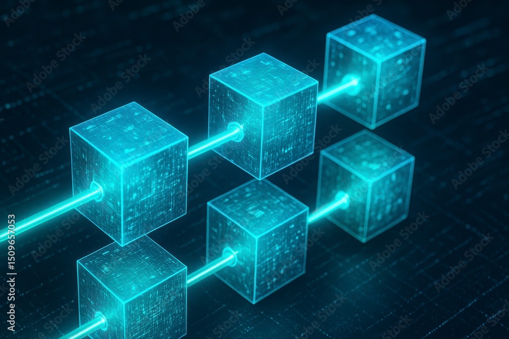 Poster glowing blue cubes connected by lines on a dark background network view