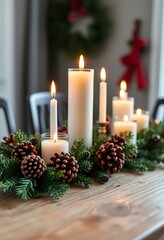 group of candles sitting on top of a wooden table