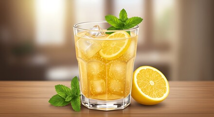 Refreshing cold citrus drink with lemon and mint leaves garnish. A refreshing summer cold drink. Perfect for a restaurant or cafe bar menu.