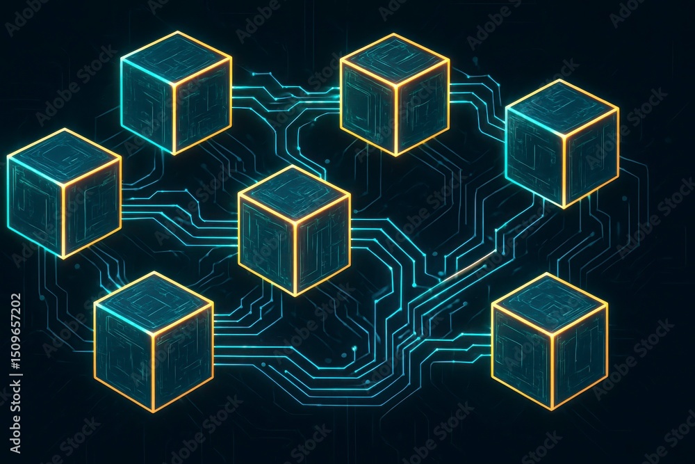 Poster glowing cubes connected by circuit lines against a dark background
