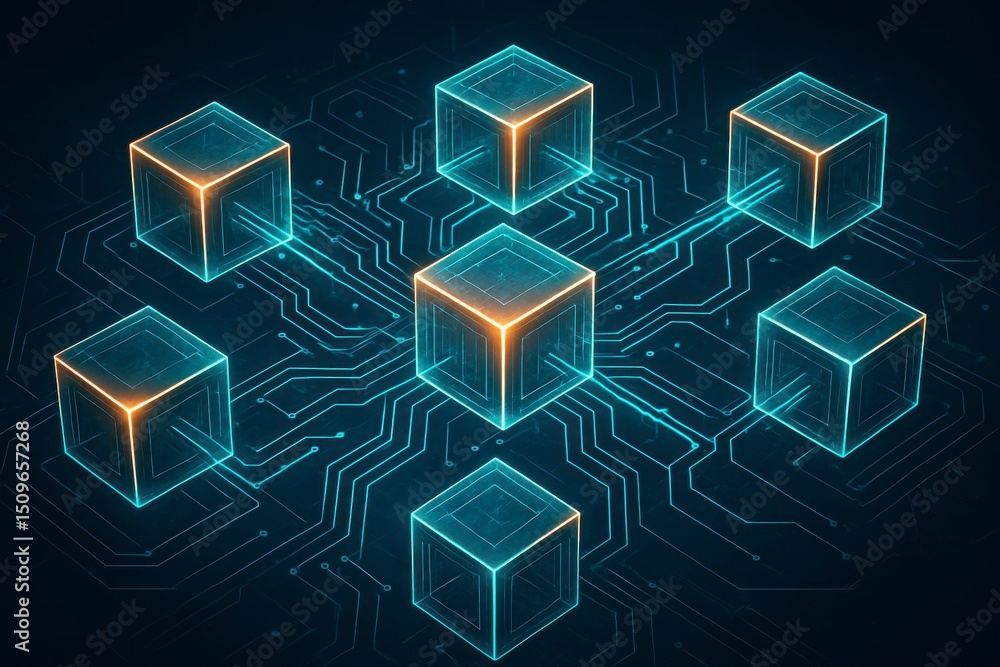 Poster glowing cubes connected by circuit lines on a dark blue background