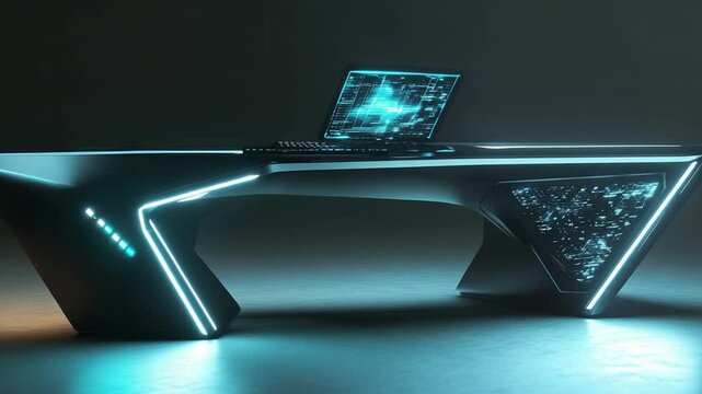 Futuristic workstation with glowing interface: a modern technology desktop concept