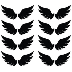 Black silhouette wings set repeating vector design on white background for versatile applications