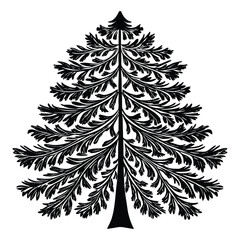 Fototapeta premium Black silhouette of a Christmas tree with classic triangular shape, layered branches, and a star on top—simple, festive, and perfect for holiday-themed designs. 