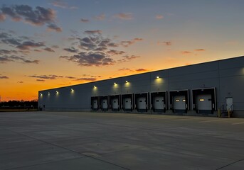 Warehouse loading docks at sunset