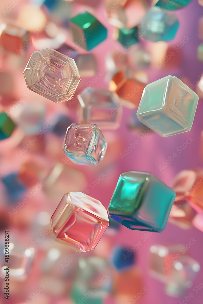 Poster futuristic pink and teal gradient background featuring floating holographic hexagons and cubes with 