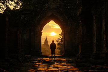 Man standing at the entrance of a lost temple silhouette