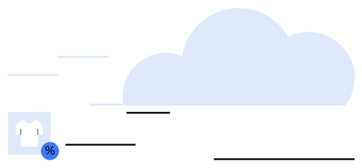 Large cloud, percentage icon, and clothing symbol representing data storage, sales analytics, and ecommerce. Ideal for retail, technology, ecommerce, data sales innovation digital transformation