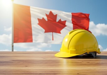 Yellow hard hat with Canadian flag isolated on light illuminating 