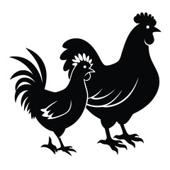 Silhouette of a proud rooster standing beside a gentle hen, both in profile, showcasing their feathers and form in a simple, elegant black outline.
