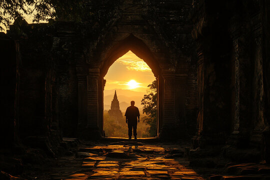 Man standing at the entrance of a lost temple silhouette