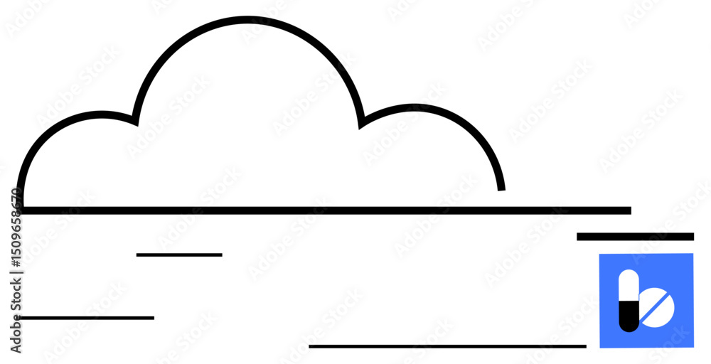 Aufkleber minimalist cloud outline with motion lines paired with a capsule-marked square app icon. ideal for d