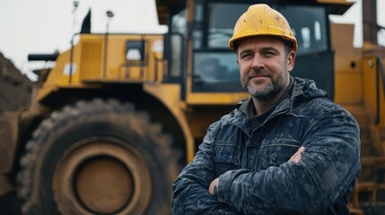 A man in a yellow hard hat standing in front of a large yellow construction vehicle, with a gray and black jacket and a beard, smiling and looking at the camera.