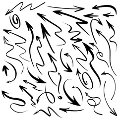 a diverse collection of hand-drawn arrows. The arrows vary significantly in style, ranging from simple, straight arrows to more complex, curved, and stylized forms. 