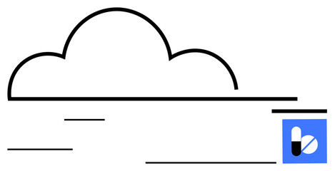 Minimalist cloud outline with motion lines paired with a capsule-marked square app icon. Ideal for data storage, connectivity, cloud computing, healthcare, minimalism, design inspiration, flat simple