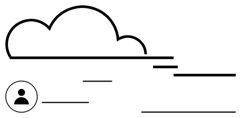 Cloud outline above horizontal lines representing data flow, with user icon. Ideal for data sharing, cloud computing, technology, networking, user interface, digital connection, flat simple metaphor