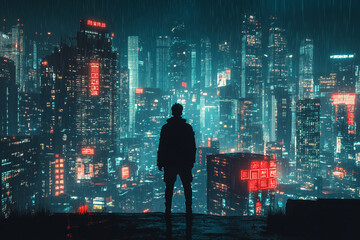 Man standing in a cyberpunk cityscape silhouette