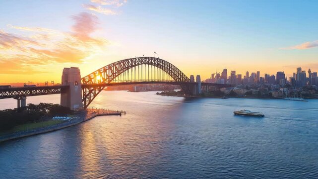 A bridge spans a river with a city in the background. The sun is setting, casting a warm glow over the scene