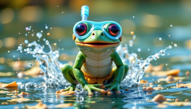 A frog is splashing in the water with a pair of goggles on