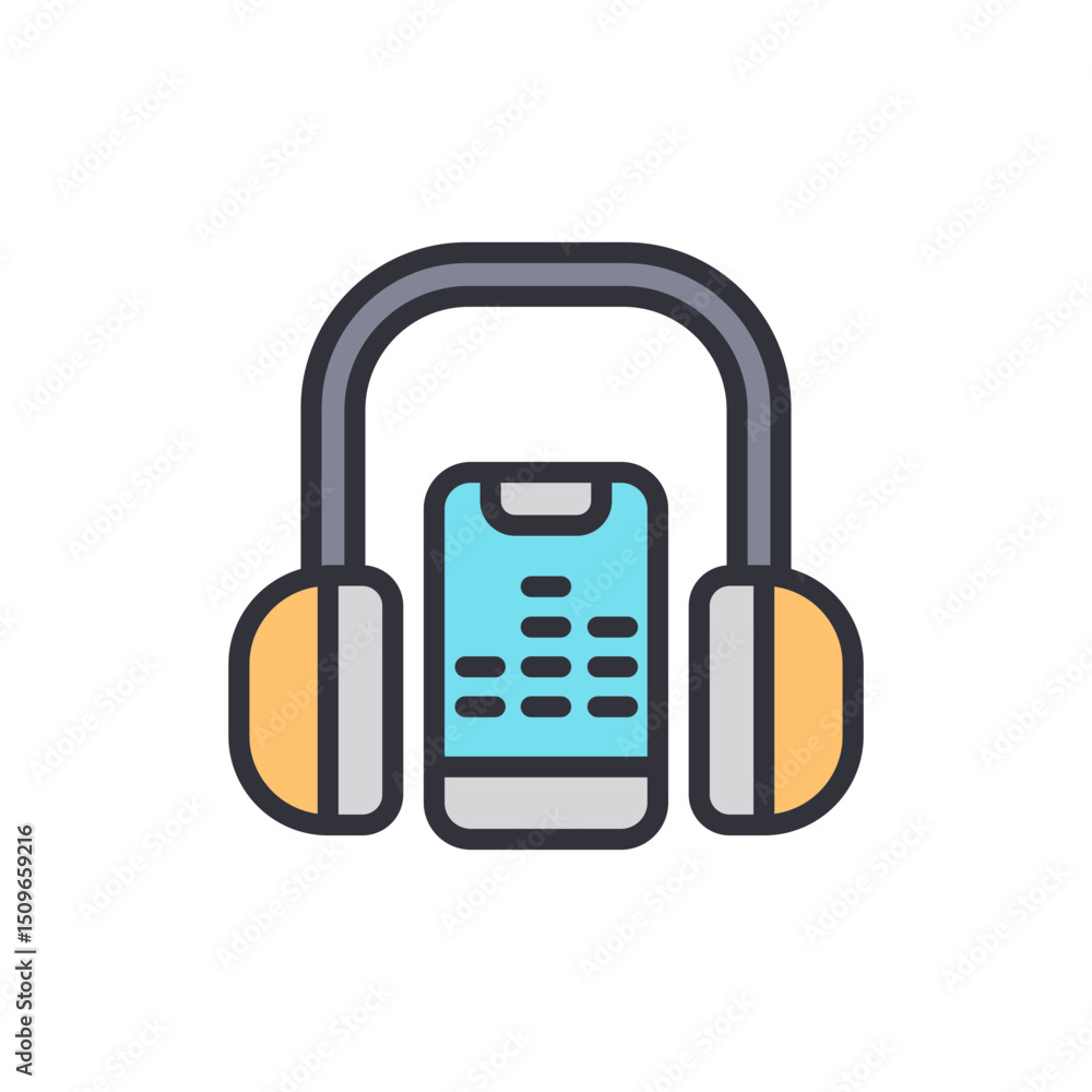 Poster headphones and a mobile phone displaying sound equalizer graphics