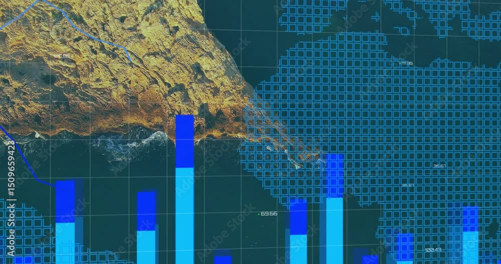 Poster with grid emerging, data rising with bars, filling map, tracing lines showing coastal metrics