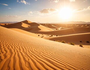 Bright desert sandscape with smooth dunes and gentle sun lens flare