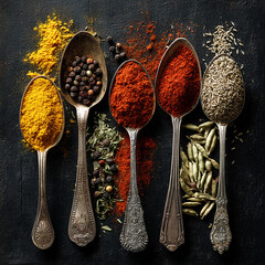 A vibrant mix of colorful spices beautifully arranged in wooden or metal spoons on a rustic wooden table. A perfect scene for cooking, recipes, food blogs, and culinary inspiration.

