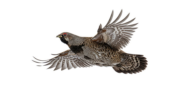A Ruffled Grouse in MidFlight Displaying Detailed Wing Feathers