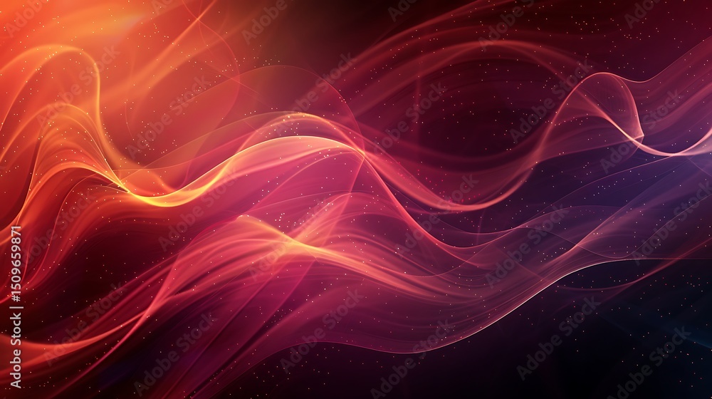 Poster abstract background with flowing wavy lines in shades of red orange and purple with a scattering of 