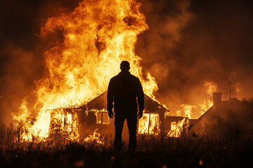 Obraz premium Man standing in front of a burning house