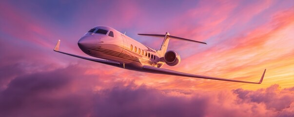 Obraz premium Private jet flying in the sunset sky